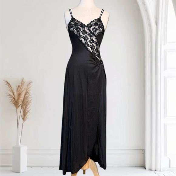 Vintage Nightgown Black Lace Slip Dress Negligee USA XS S Small